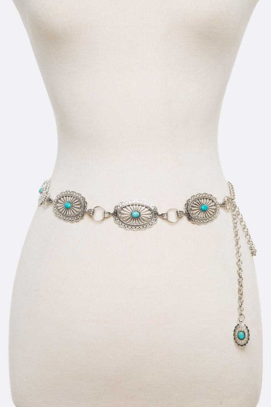 Oval Turquoise Concho Chain Belt - Evergreen Boutique