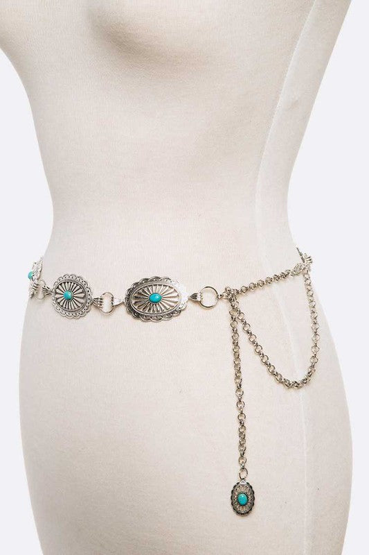 Oval Turquoise Concho Chain Belt - Evergreen Boutique