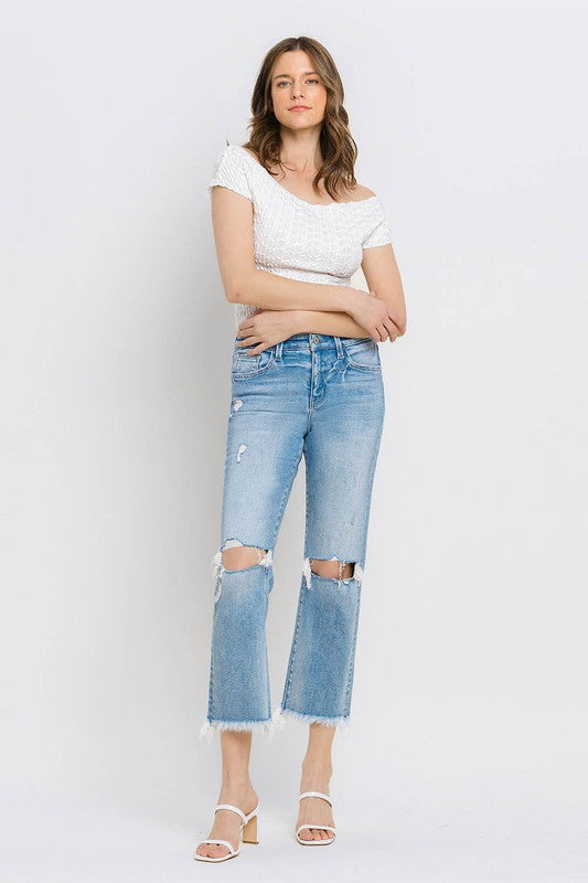 High Rise Frayed Hem Crop Straight Jeans-Evergreen Boutique