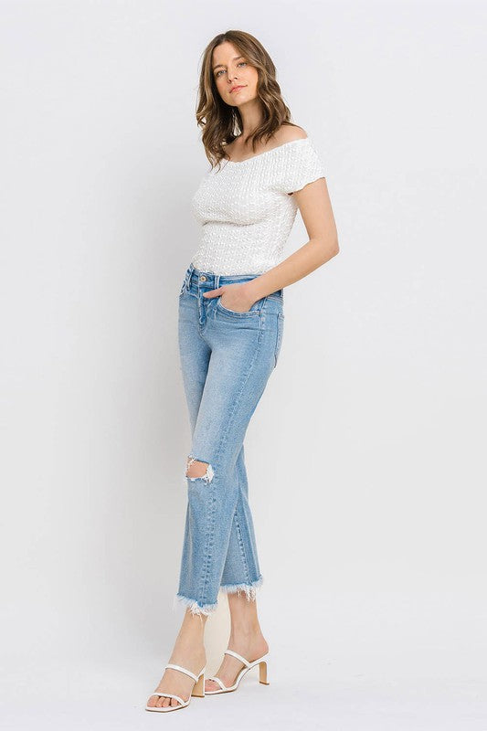 High Rise Frayed Hem Crop Straight Jeans-Evergreen Boutique