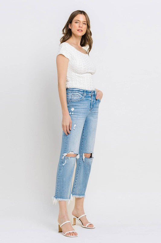 High Rise Frayed Hem Crop Straight Jeans-Evergreen Boutique