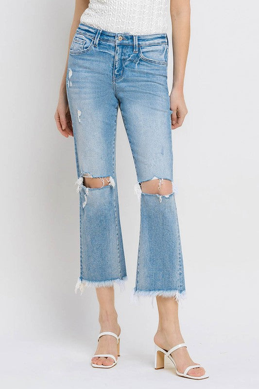 High Rise Frayed Hem Crop Straight Jeans-Evergreen Boutique