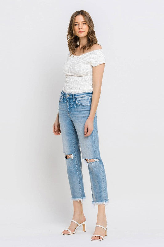 High Rise Frayed Hem Crop Straight Jeans-Evergreen Boutique