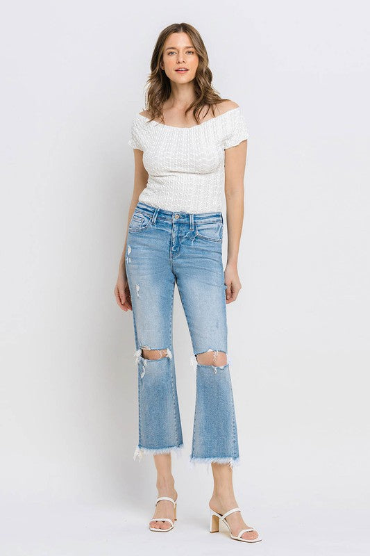 High Rise Frayed Hem Crop Straight Jeans-Evergreen Boutique