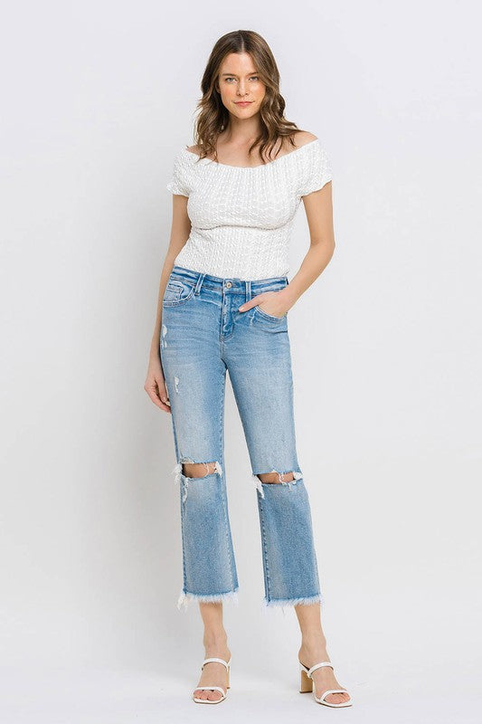 High Rise Frayed Hem Crop Straight Jeans-Evergreen Boutique