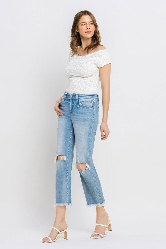 High Rise Frayed Hem Crop Straight Jeans-Evergreen Boutique