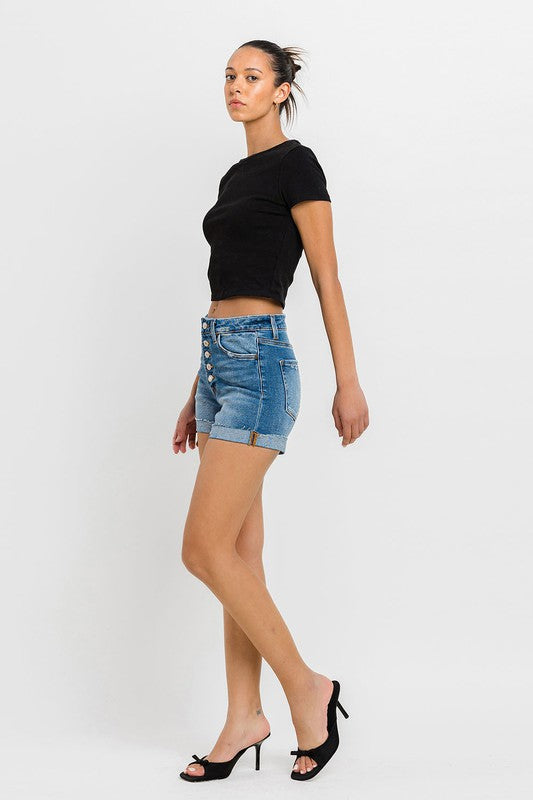 Super High Rise Button Up Mom Shorts-Evergreen Boutique