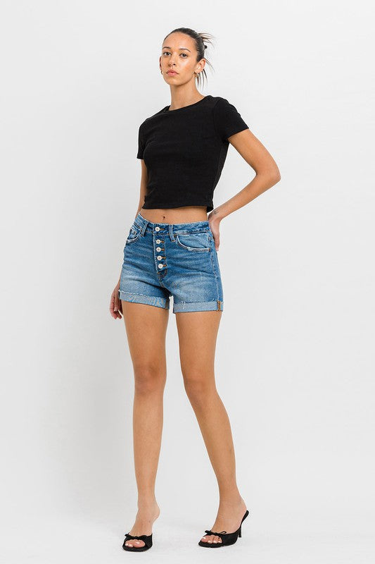 Super High Rise Button Up Mom Shorts-Evergreen Boutique