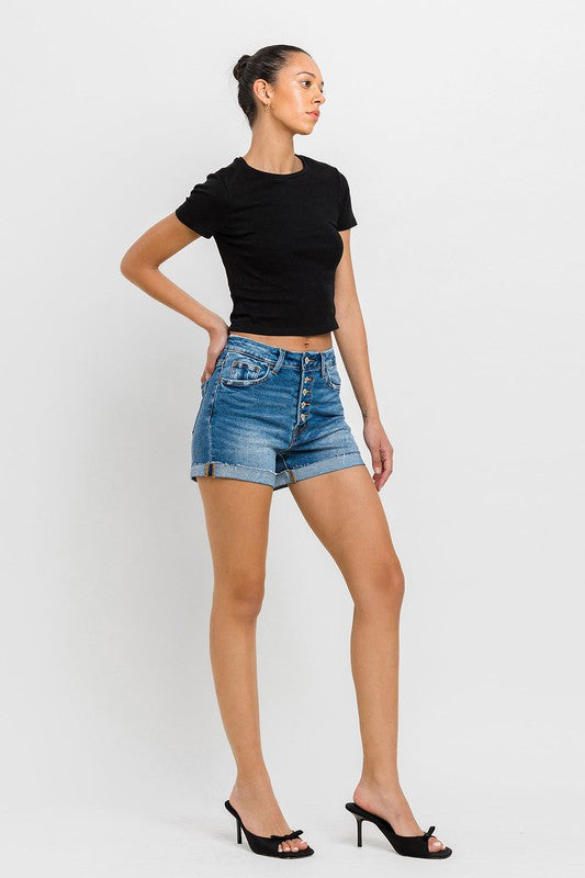 Super High Rise Button Up Mom Shorts-Evergreen Boutique