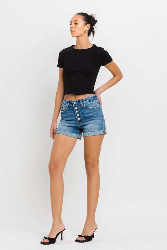 Super High Rise Button Up Mom Shorts-Evergreen Boutique