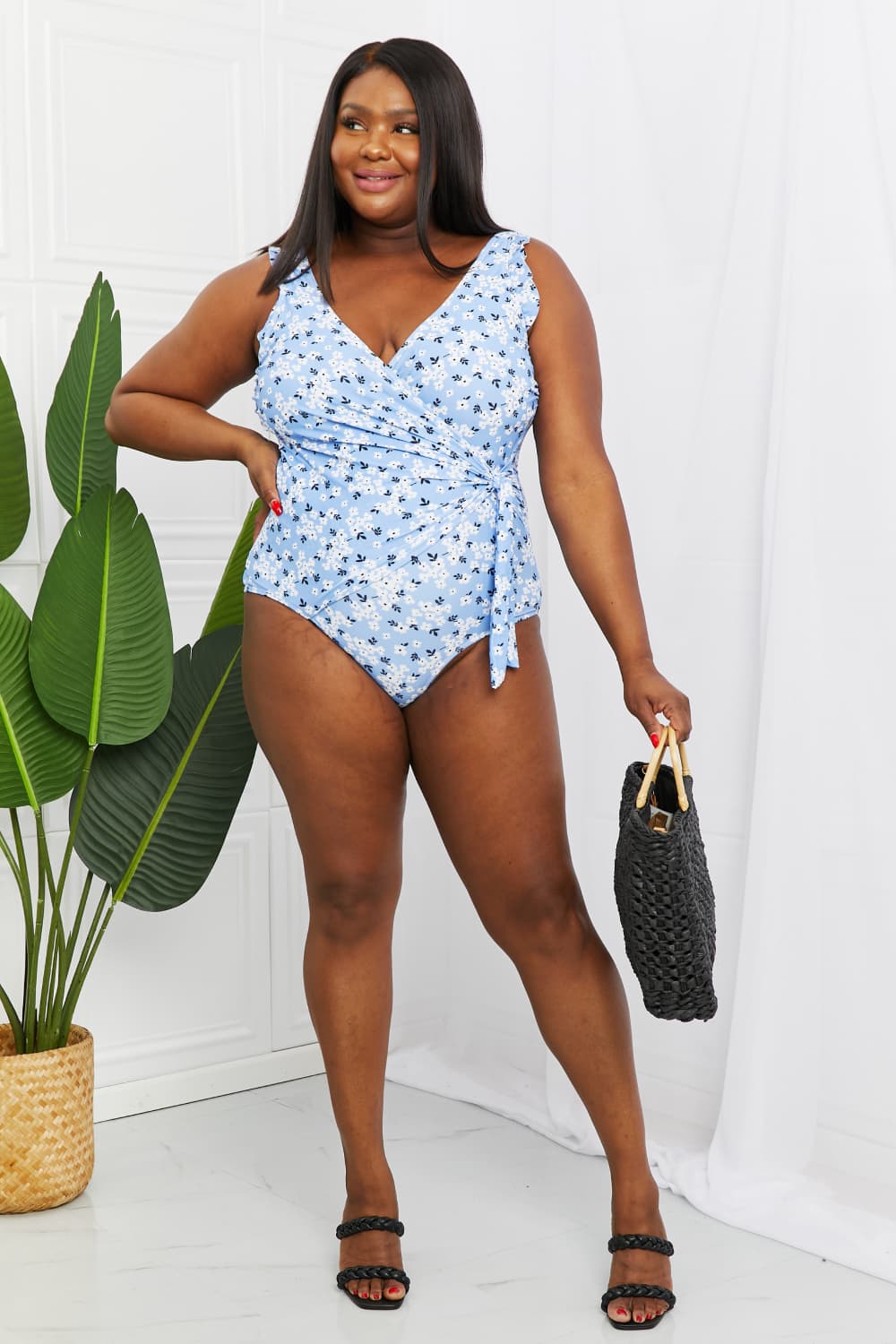 Marina West Swim Full Size Float On Ruffle Faux Wrap One-Piece in Blossom Blue-Evergreen Boutique