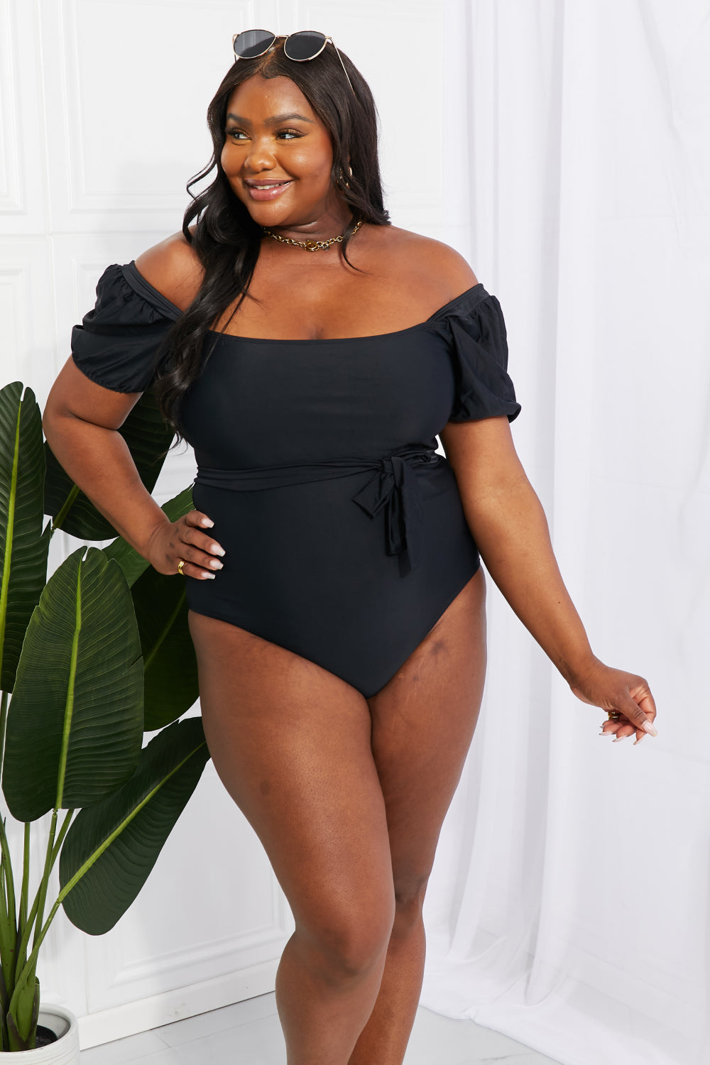 Marina West Swim Salty Air Puff Sleeve One-Piece in Black-Evergreen Boutique