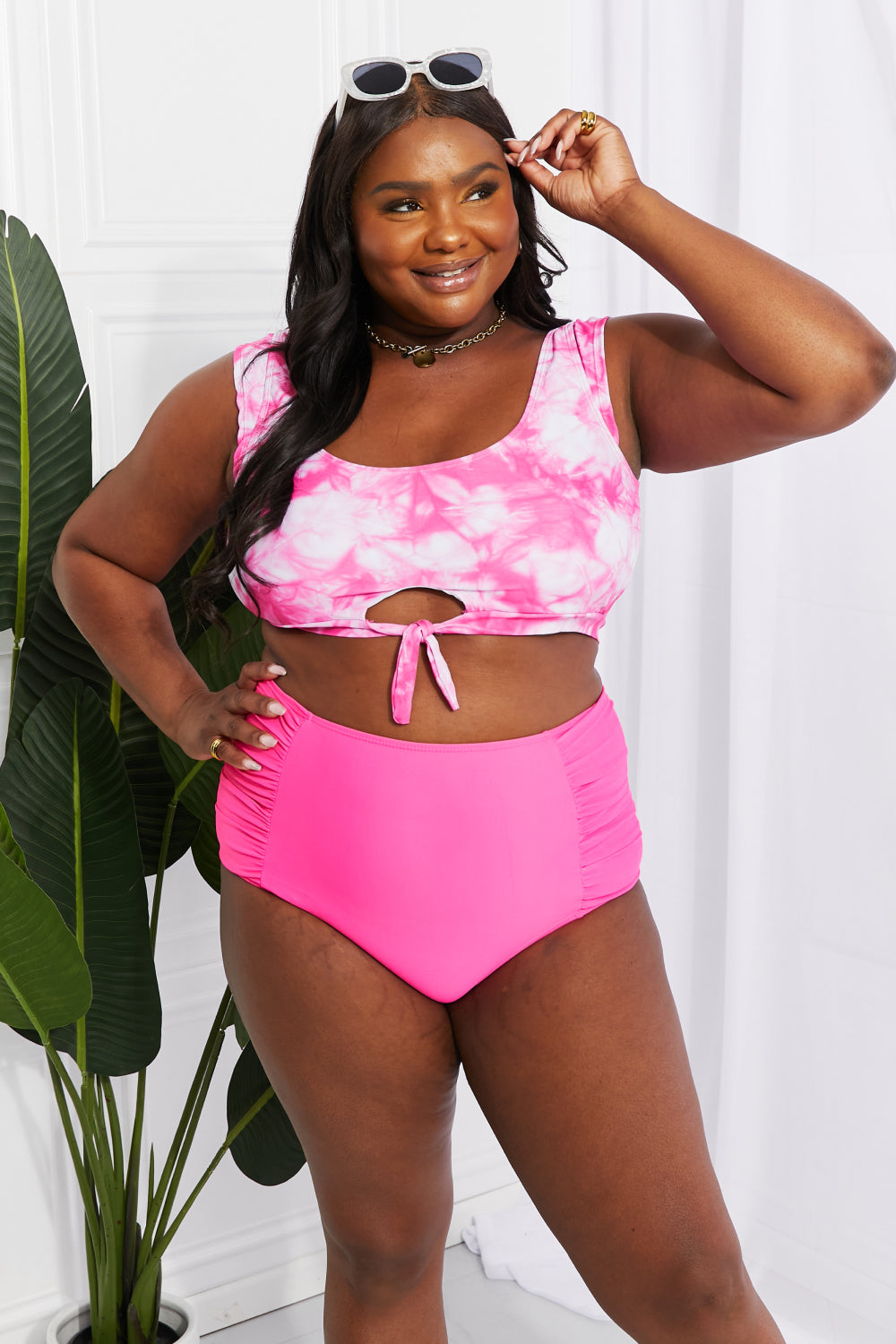 Marina West Swim Sanibel Crop Swim Top and Ruched Bottoms Set in Pink-Evergreen Boutique