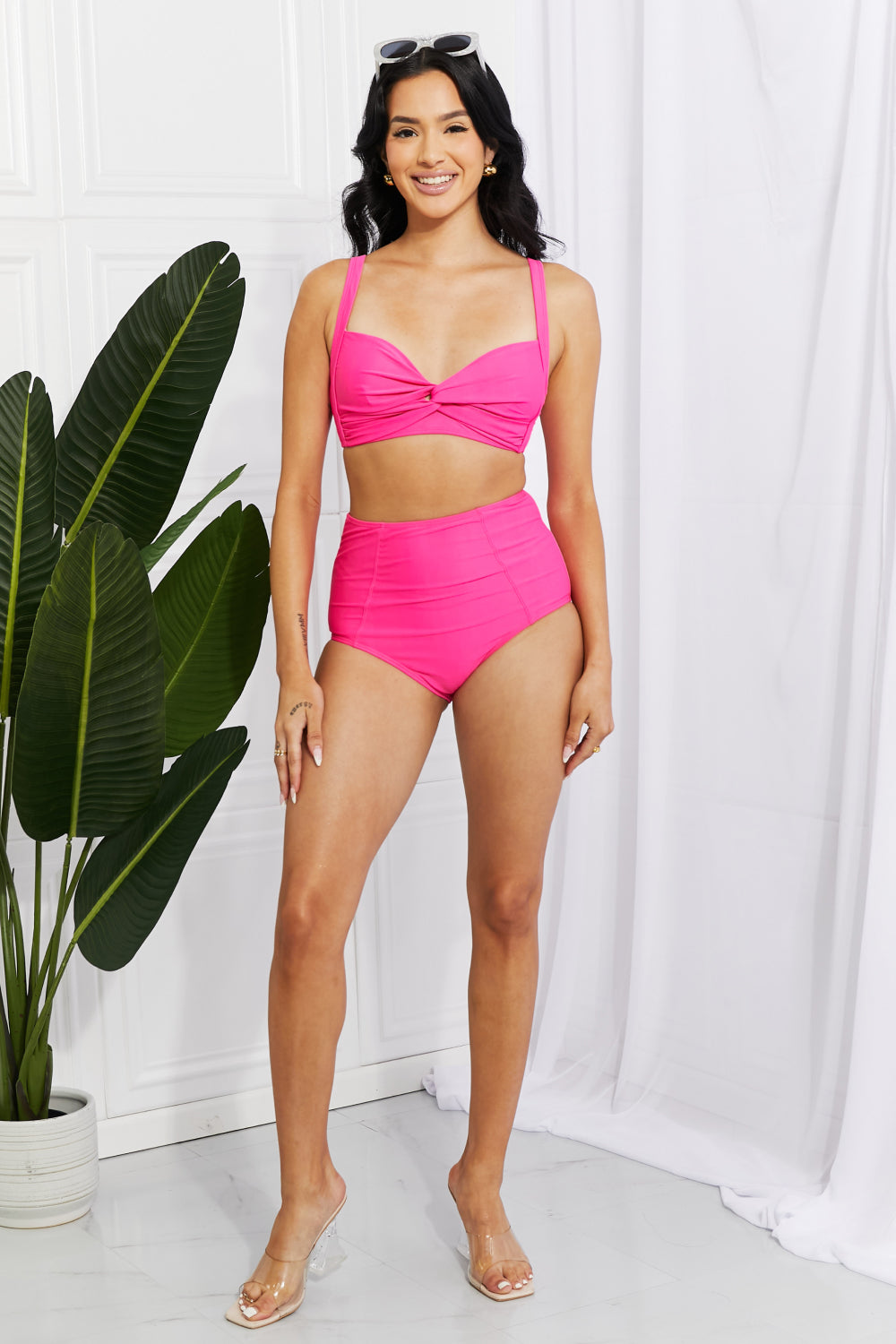 Marina West Swim Take A Dip Twist High-Rise Bikini in Pink-Evergreen Boutique