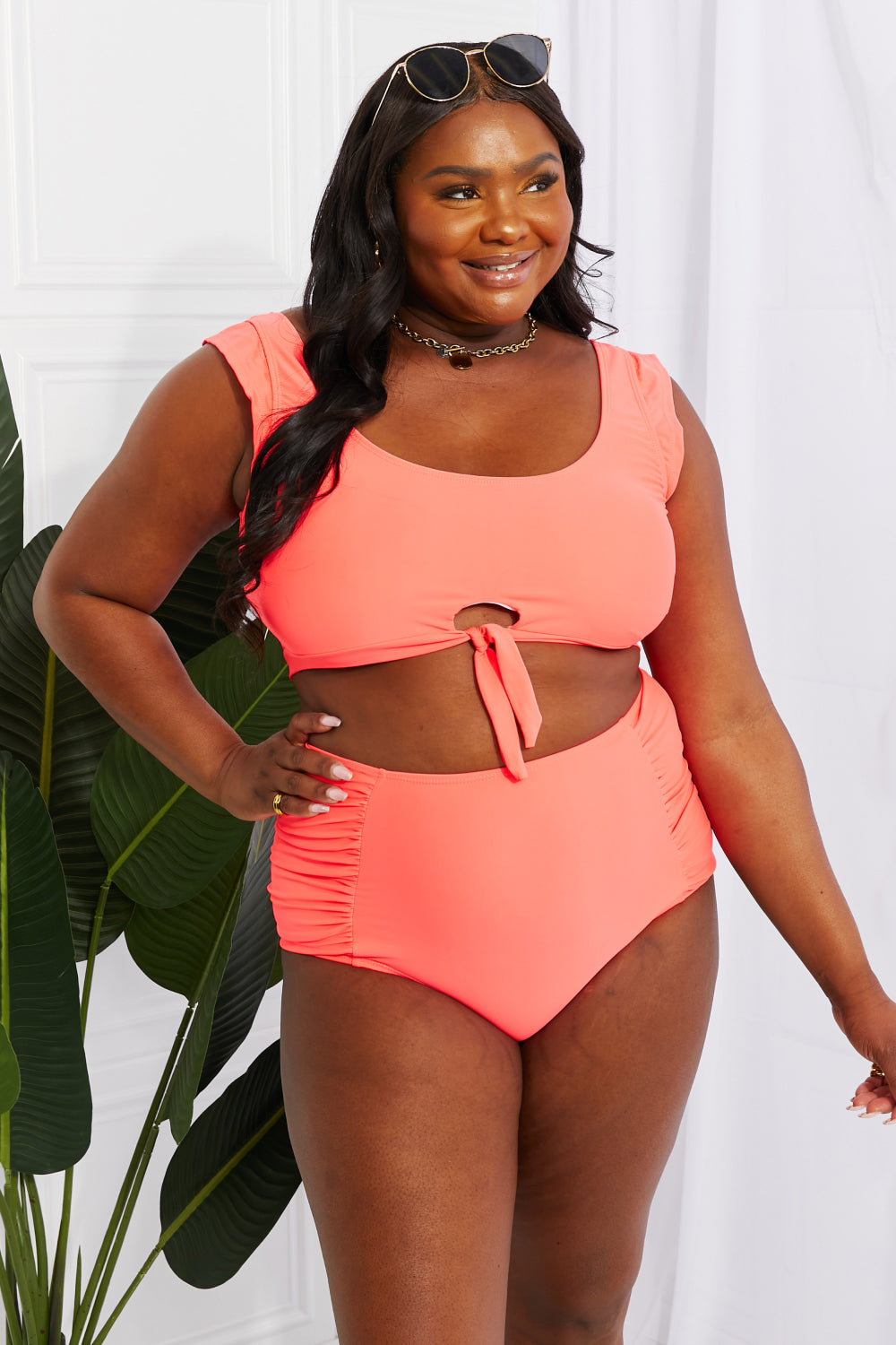 Marina West Swim Sanibel Crop Swim Top and Ruched Bottoms Set in Coral-Evergreen Boutique