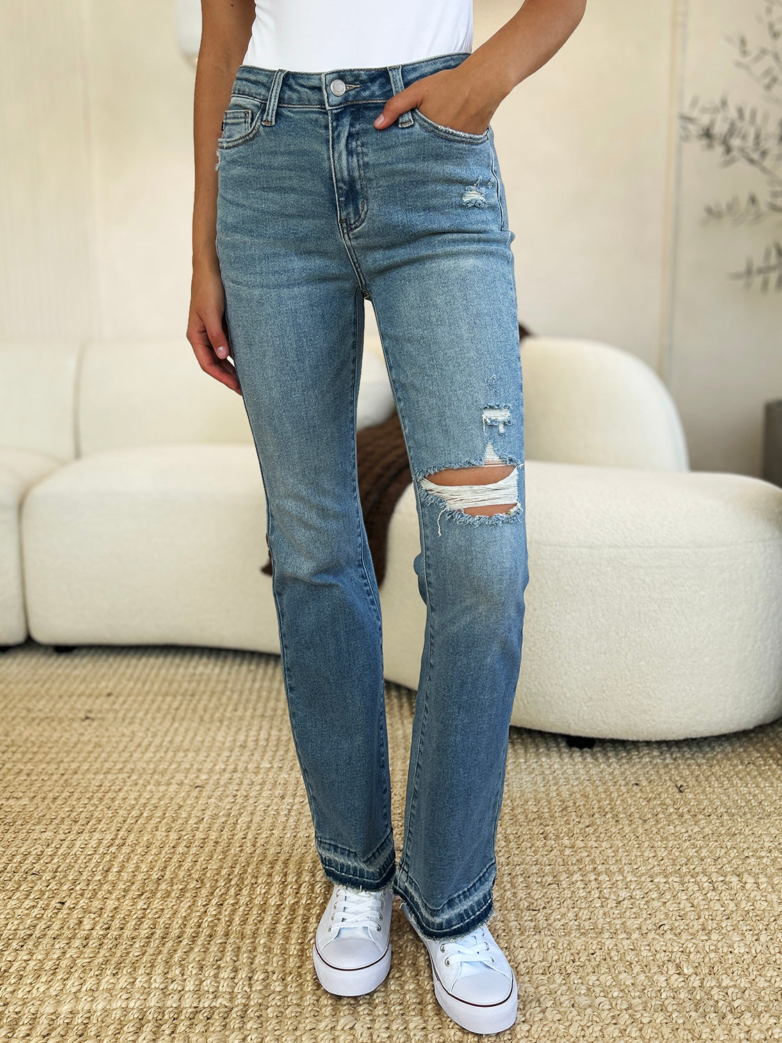 Judy Blue Full Size Mid Rise Destroyed Hem Distressed Jeans-Evergreen Boutique