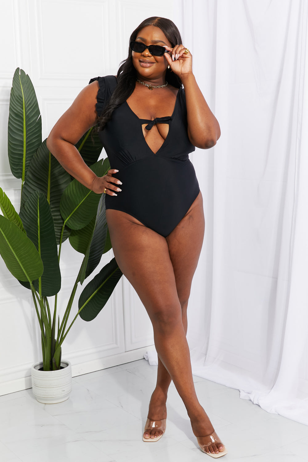 Marina West Swim Seashell Ruffle Sleeve One-Piece in Black-Evergreen Boutique