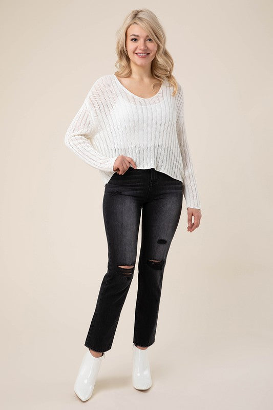 Variegated rib V neck sweater-Evergreen Boutique