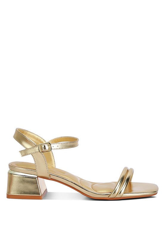 Zabou Metallic Ankle Strap Low Block Heels-Evergreen Boutique