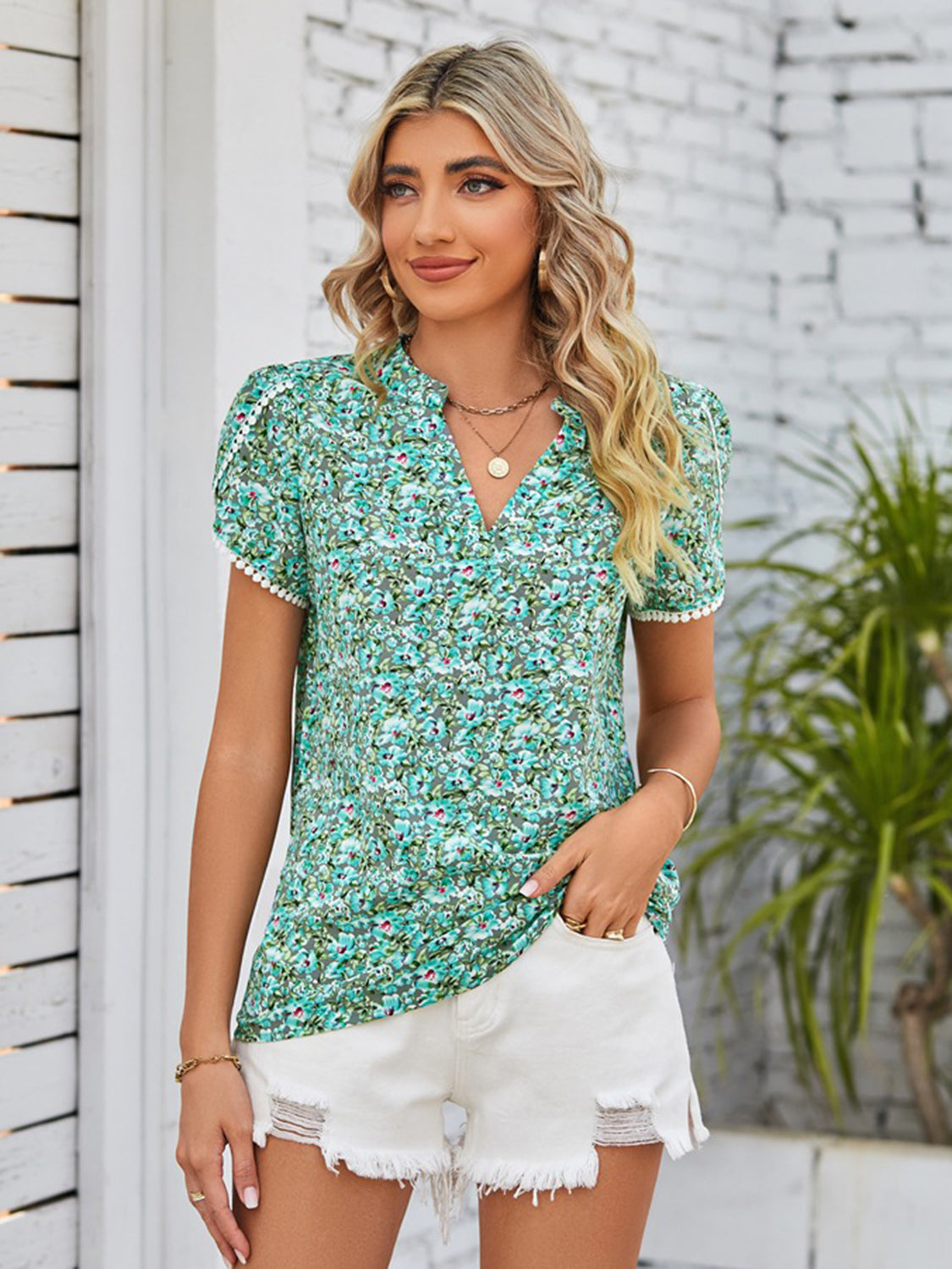 Floral Notched Neck Blouse-Evergreen Boutique