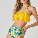 Solid Ruffle Top And Printed Bottom Swimsuit-Evergreen Boutique