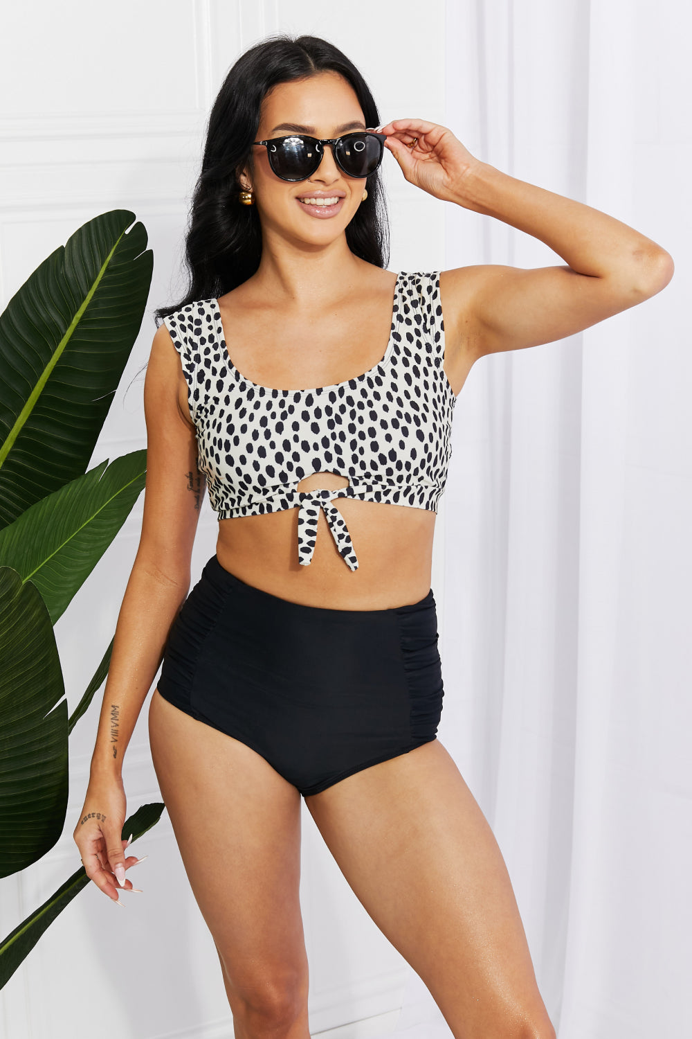 Marina West Swim Sanibel Crop Swim Top and Ruched Bottoms Set in Black-Evergreen Boutique