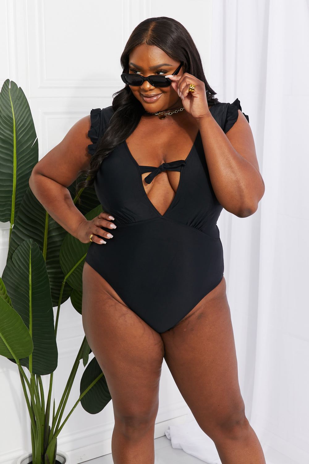 Marina West Swim Seashell Ruffle Sleeve One-Piece in Black-Evergreen Boutique