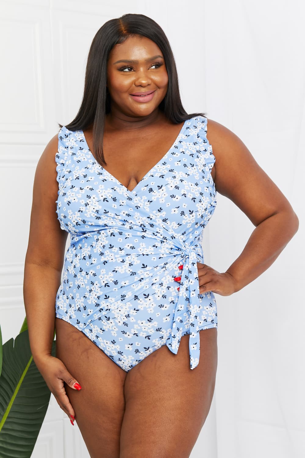 Marina West Swim Full Size Float On Ruffle Faux Wrap One-Piece in Blossom Blue-Evergreen Boutique