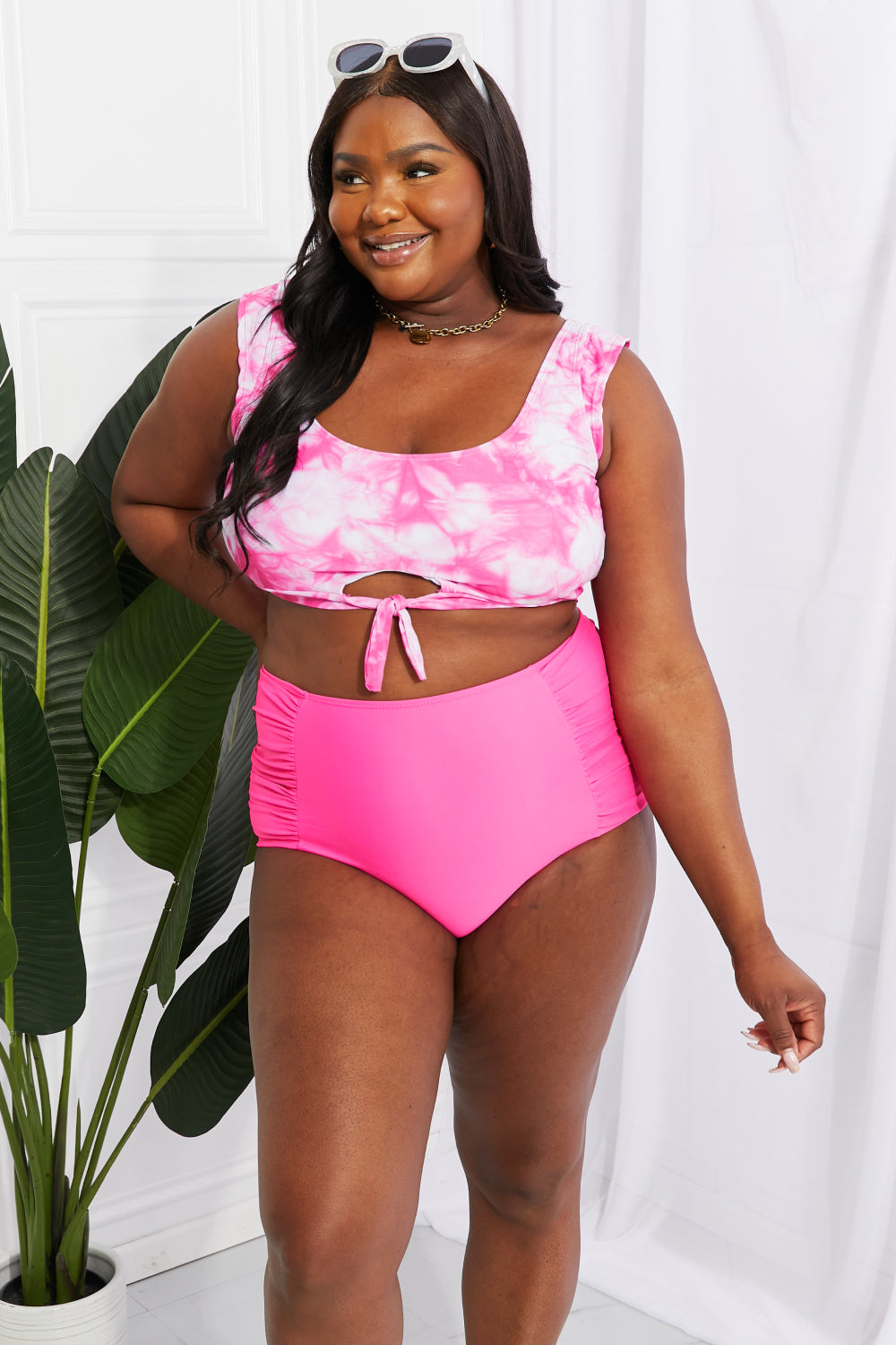 Marina West Swim Sanibel Crop Swim Top and Ruched Bottoms Set in Pink-Evergreen Boutique