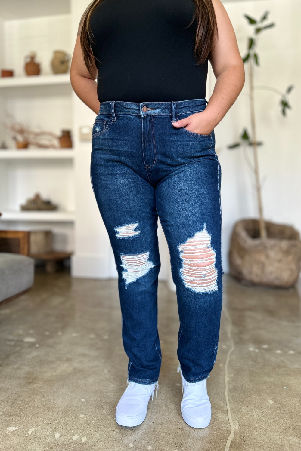 Judy Blue Full Size High Waist Rigid Magic Heavy Destroy Straight Jeans-Evergreen Boutique