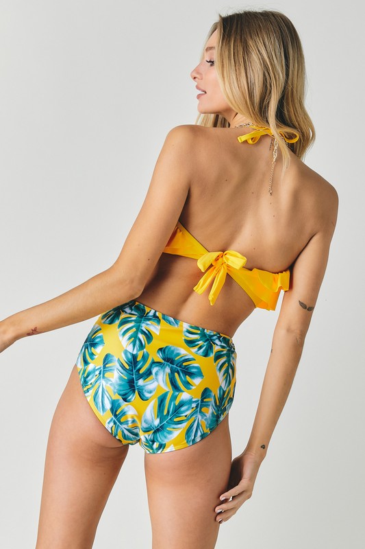 Solid Ruffle Top And Printed Bottom Swimsuit-Evergreen Boutique