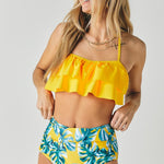 Solid Ruffle Top And Printed Bottom Swimsuit-Evergreen Boutique