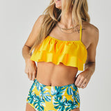 Solid Ruffle Top And Printed Bottom Swimsuit-Evergreen Boutique