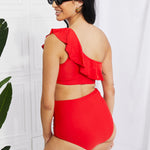 Marina West Swim Seaside Romance Ruffle One-Shoulder Bikini in Red-Evergreen Boutique