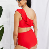 Marina West Swim Seaside Romance Ruffle One-Shoulder Bikini in Red-Evergreen Boutique