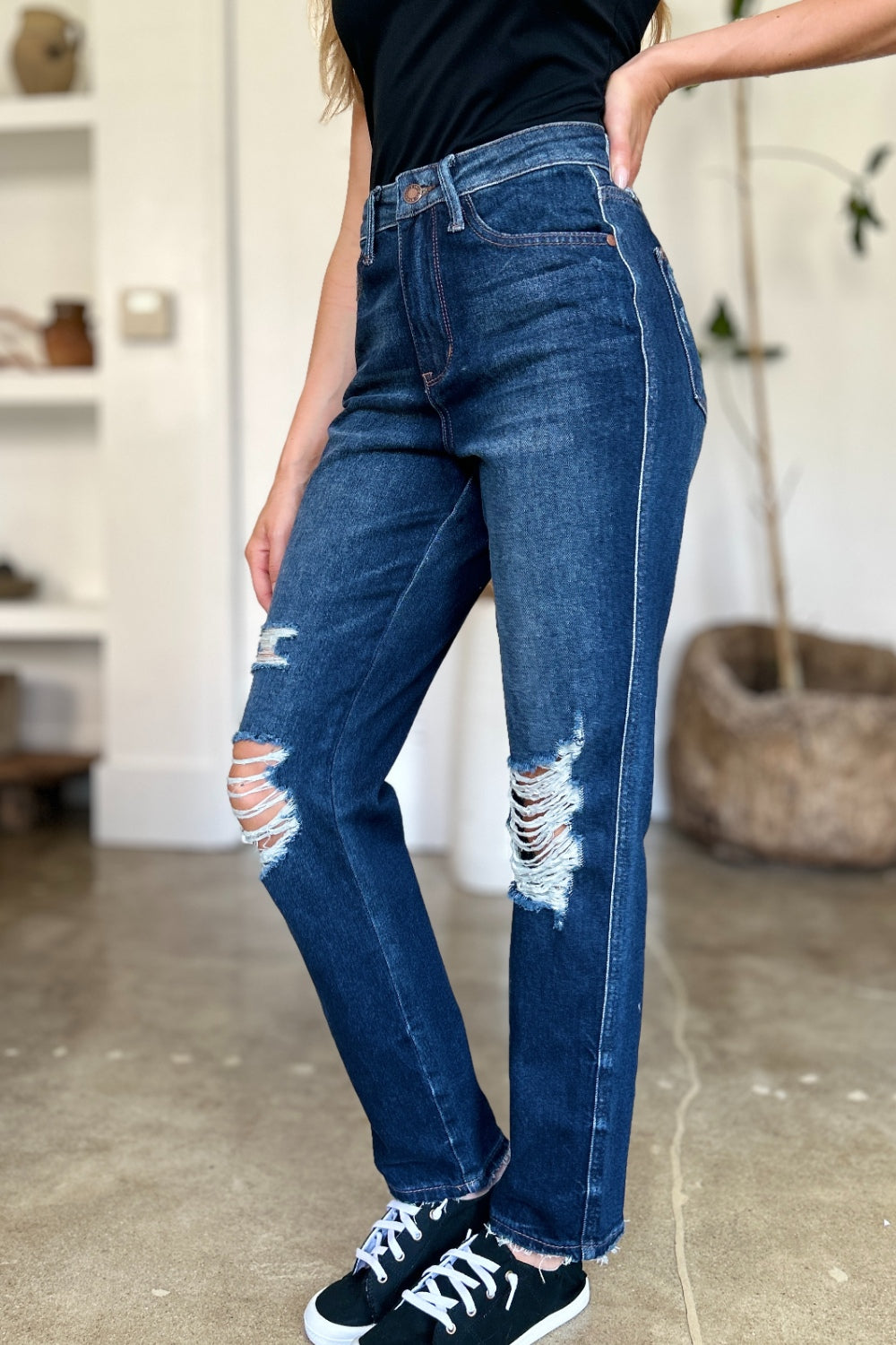 Judy Blue Full Size High Waist Rigid Magic Heavy Destroy Straight Jeans-Evergreen Boutique