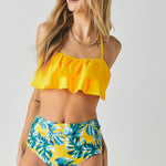 Solid Ruffle Top And Printed Bottom Swimsuit-Evergreen Boutique