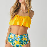 Solid Ruffle Top And Printed Bottom Swimsuit-Evergreen Boutique