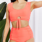 Marina West Swim Sanibel Crop Swim Top and Ruched Bottoms Set in Coral-Evergreen Boutique