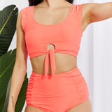 Marina West Swim Sanibel Crop Swim Top and Ruched Bottoms Set in Coral-Evergreen Boutique