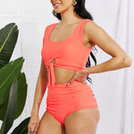 Marina West Swim Sanibel Crop Swim Top and Ruched Bottoms Set in Coral-Evergreen Boutique