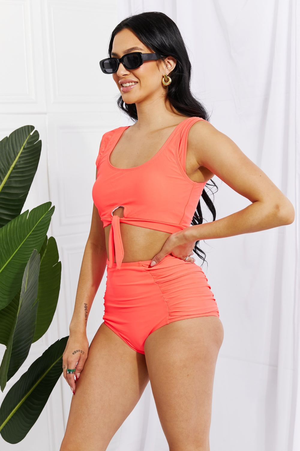 Marina West Swim Sanibel Crop Swim Top and Ruched Bottoms Set in Coral-Evergreen Boutique