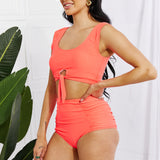 Marina West Swim Sanibel Crop Swim Top and Ruched Bottoms Set in Coral-Evergreen Boutique