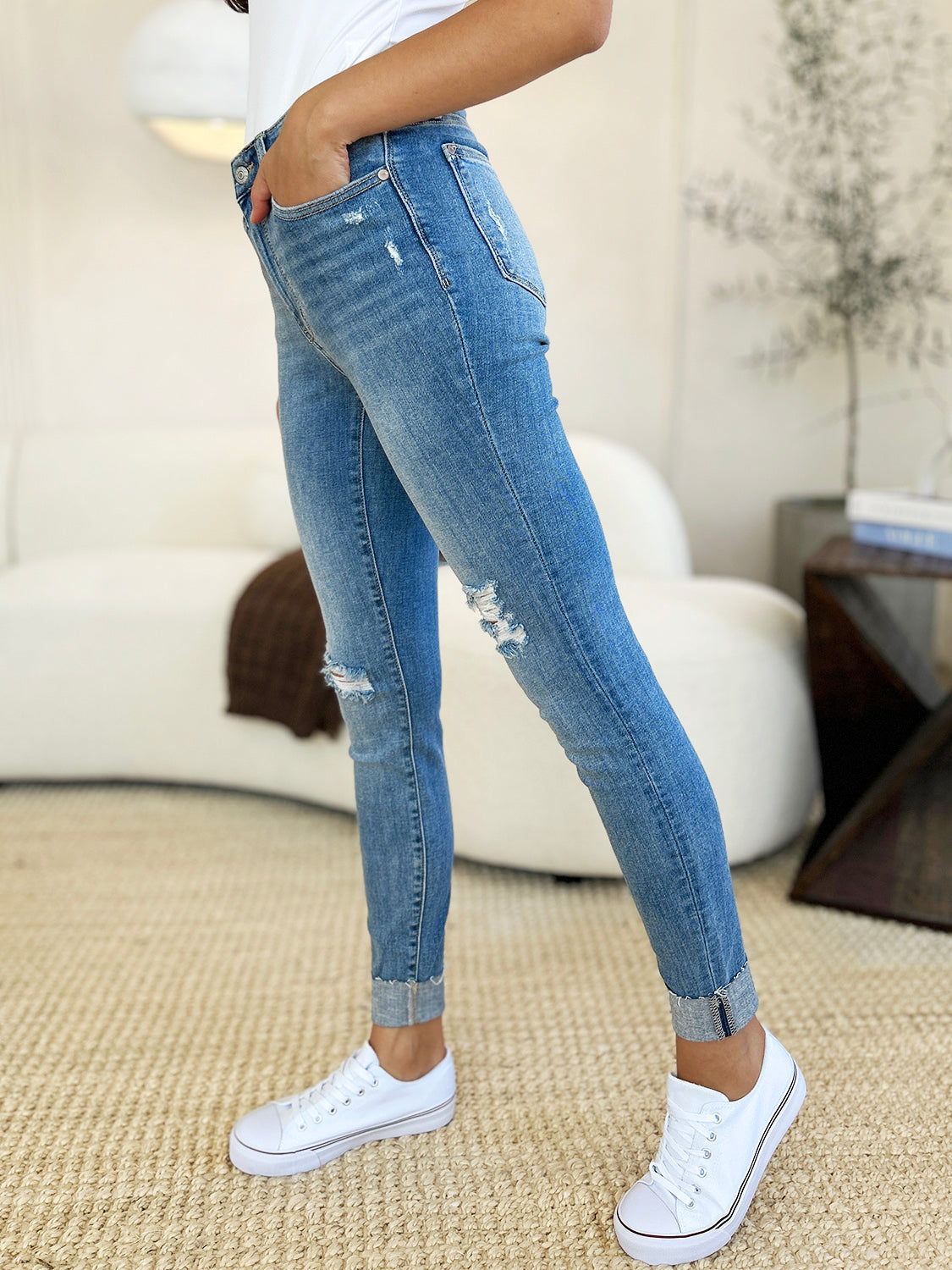 Judy Blue Full Size Mid Rise Destroy & Cuff Skinny Jeans-Evergreen Boutique