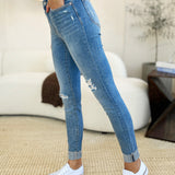 Judy Blue Full Size Mid Rise Destroy & Cuff Skinny Jeans-Evergreen Boutique