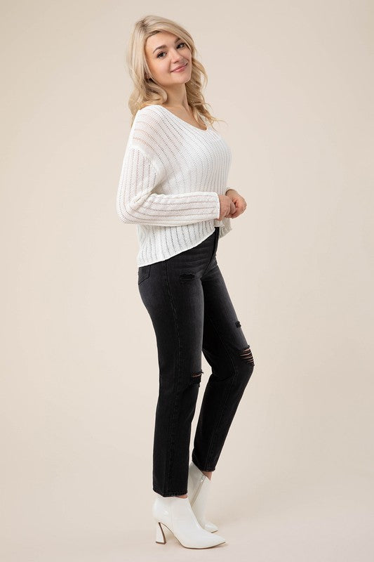 Variegated rib V neck sweater-Evergreen Boutique