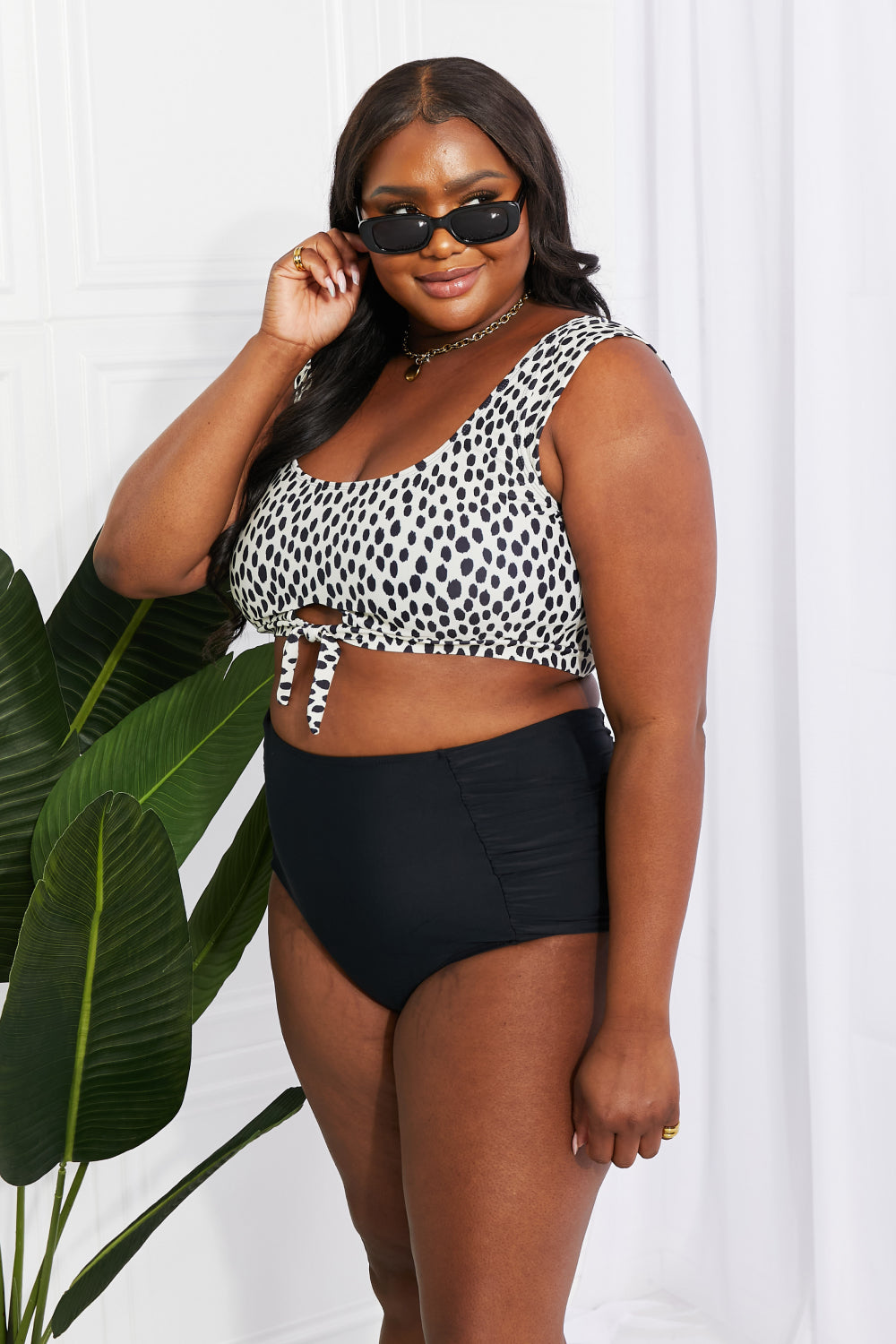 Marina West Swim Sanibel Crop Swim Top and Ruched Bottoms Set in Black-Evergreen Boutique