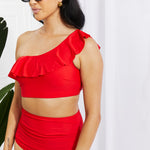 Marina West Swim Seaside Romance Ruffle One-Shoulder Bikini in Red-Evergreen Boutique