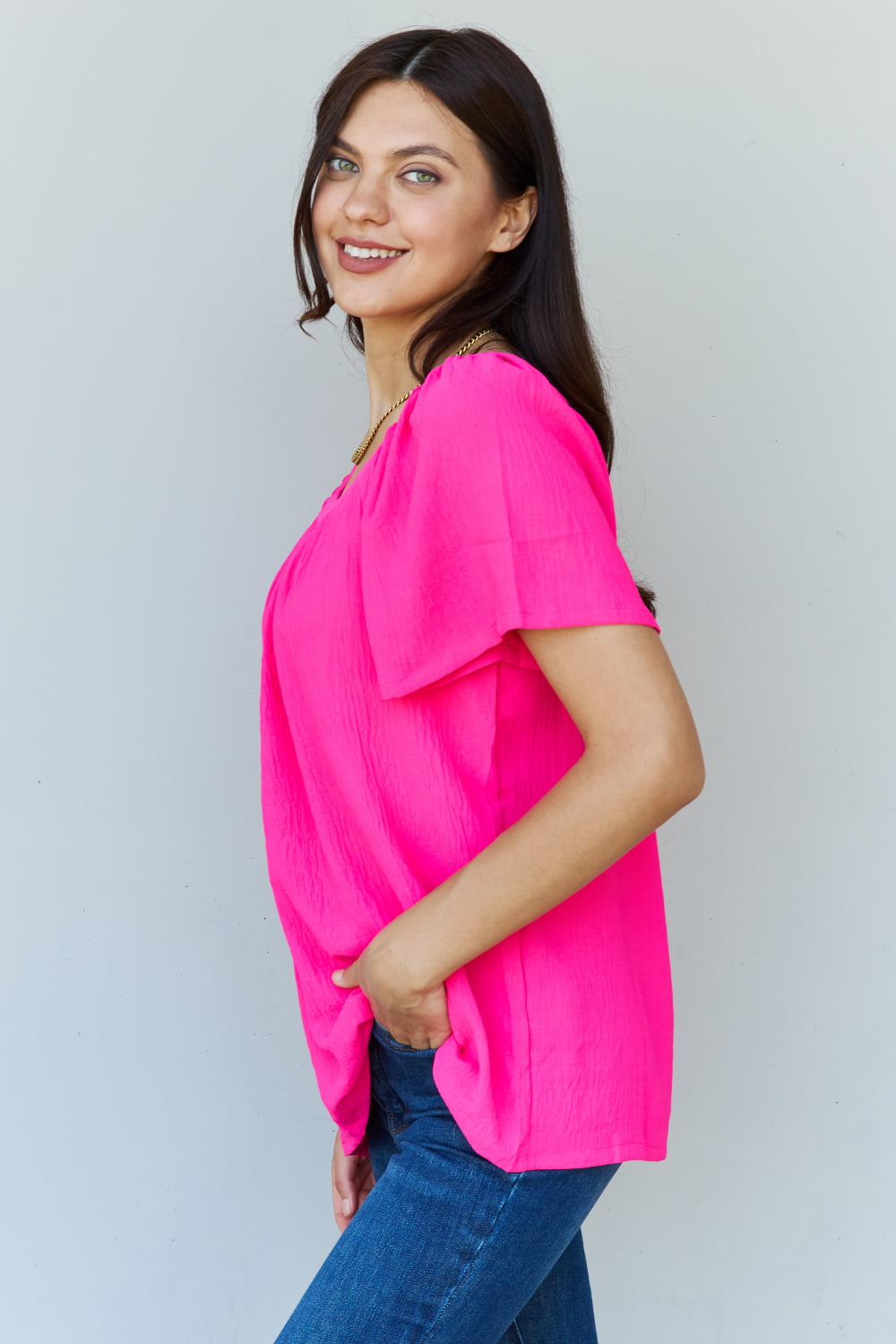 Ninexis Keep Me Close Square Neck Short Sleeve Blouse in Fuchsia-Evergreen Boutique