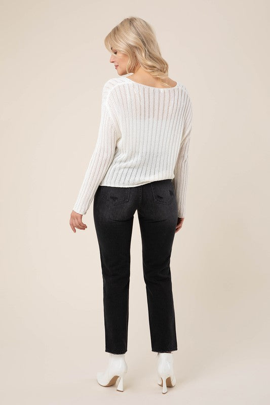 Variegated rib V neck sweater-Evergreen Boutique